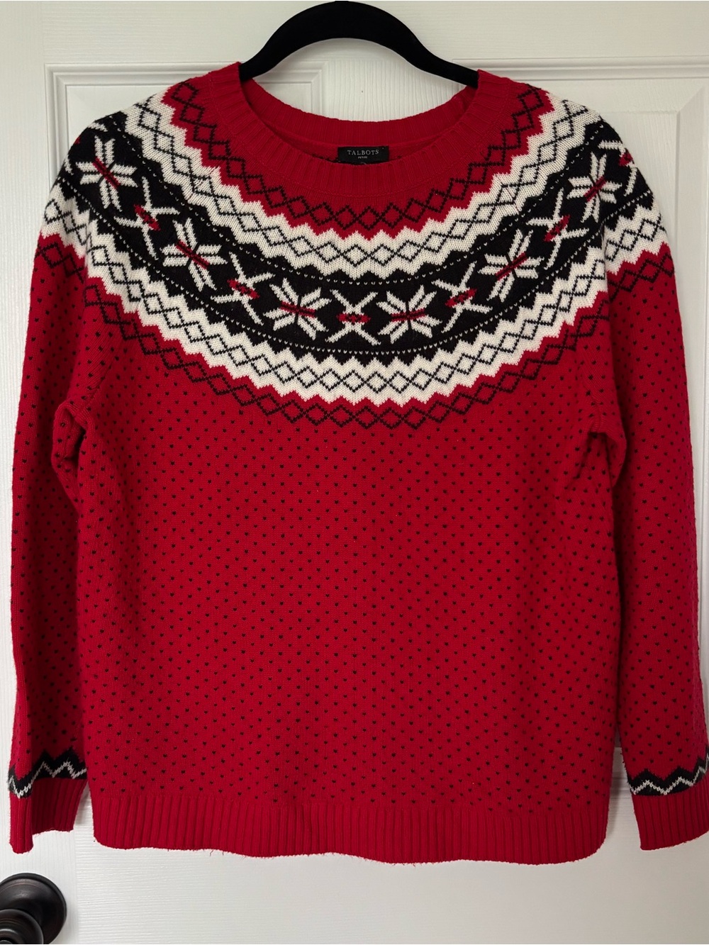 Talbots Red Fair Isle Crewneck Sweater with Black and White Yoke